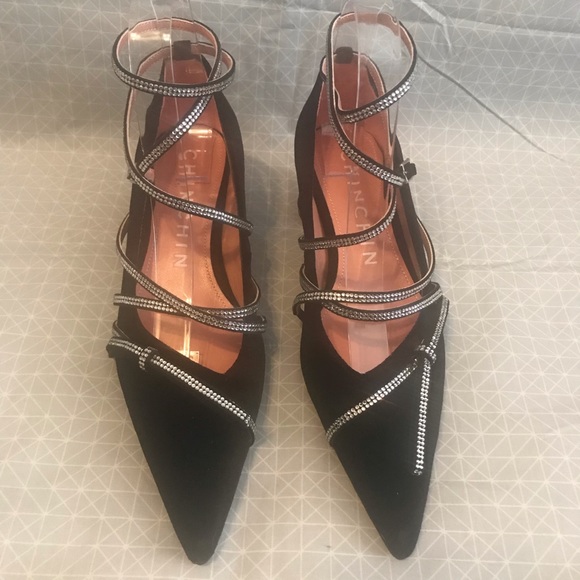 ChinChin Black Velvet Rhinestone Strap Wrapped Heels 37 - Picture 2 of 8